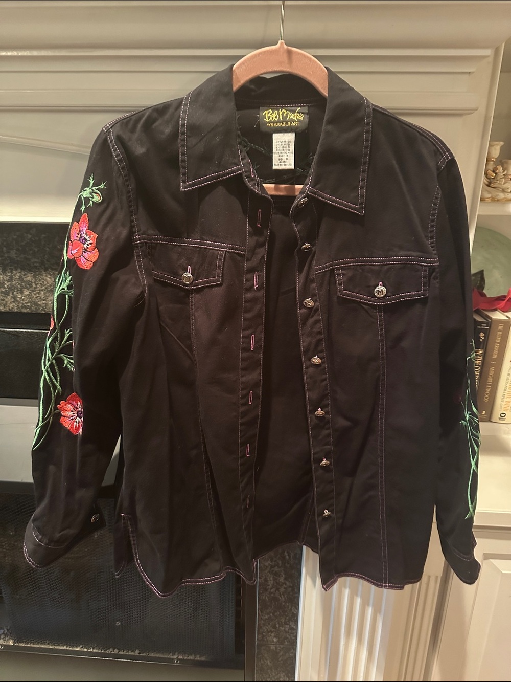 Bob Mackie Black Jacket with Red Floral Sleeve Embroidery